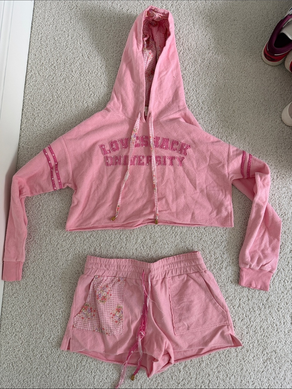 LoveShackFancy Pink Girls Cropped Hoodie & Shorts Matching Set